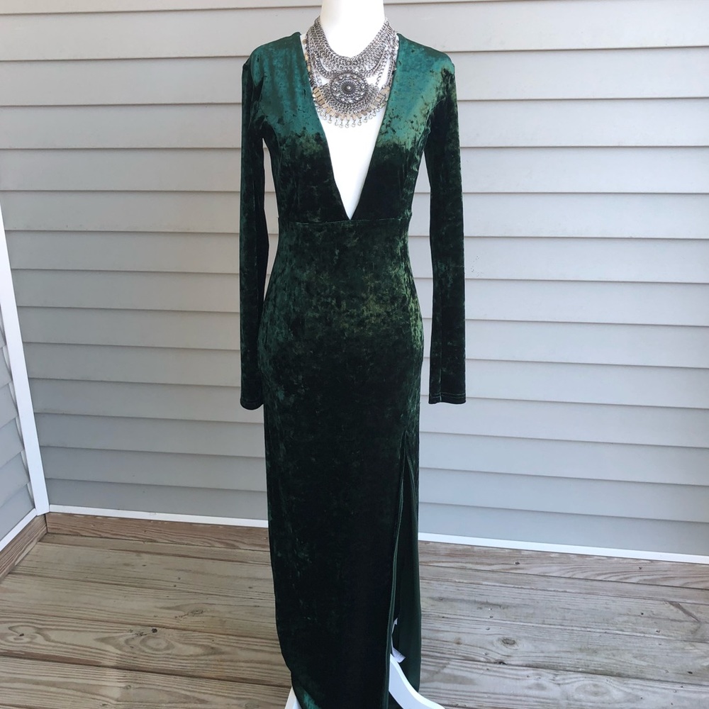 Green Velvet Deep V evening gown leg slit